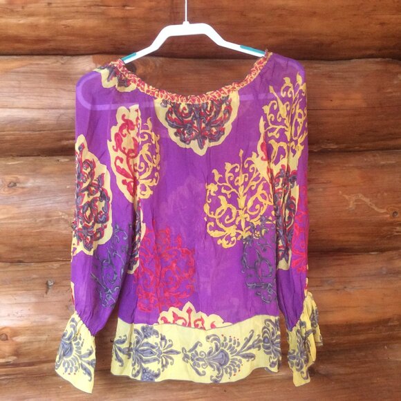 Hale Bob Silk Print Boho-Chic Bell Cuff Colorful Retro Peasant Blouse Size XS - Picture 2 of 4